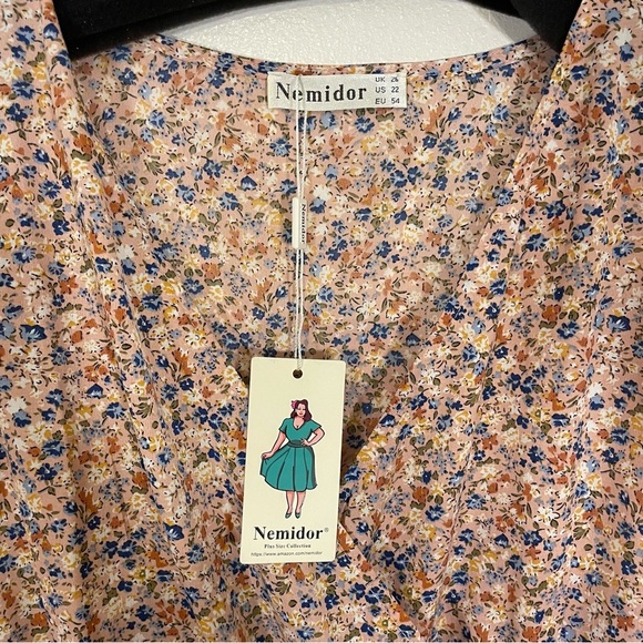 NEW Nemidor Size US 22 V-Neck Boho Swing Wrap Dress Pockets Coral Pink Floral - Picture 5 of 8